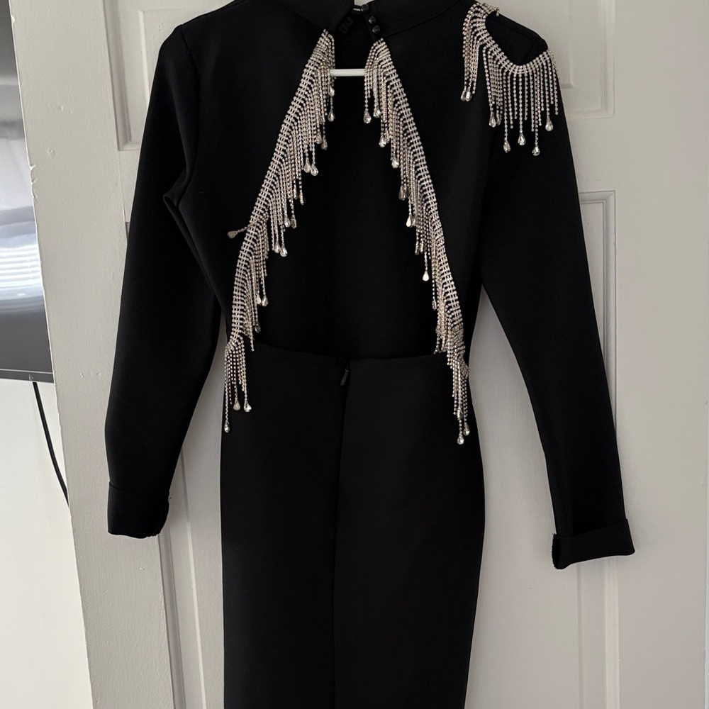 Chic Black Dress with Silver Beaded Fringe